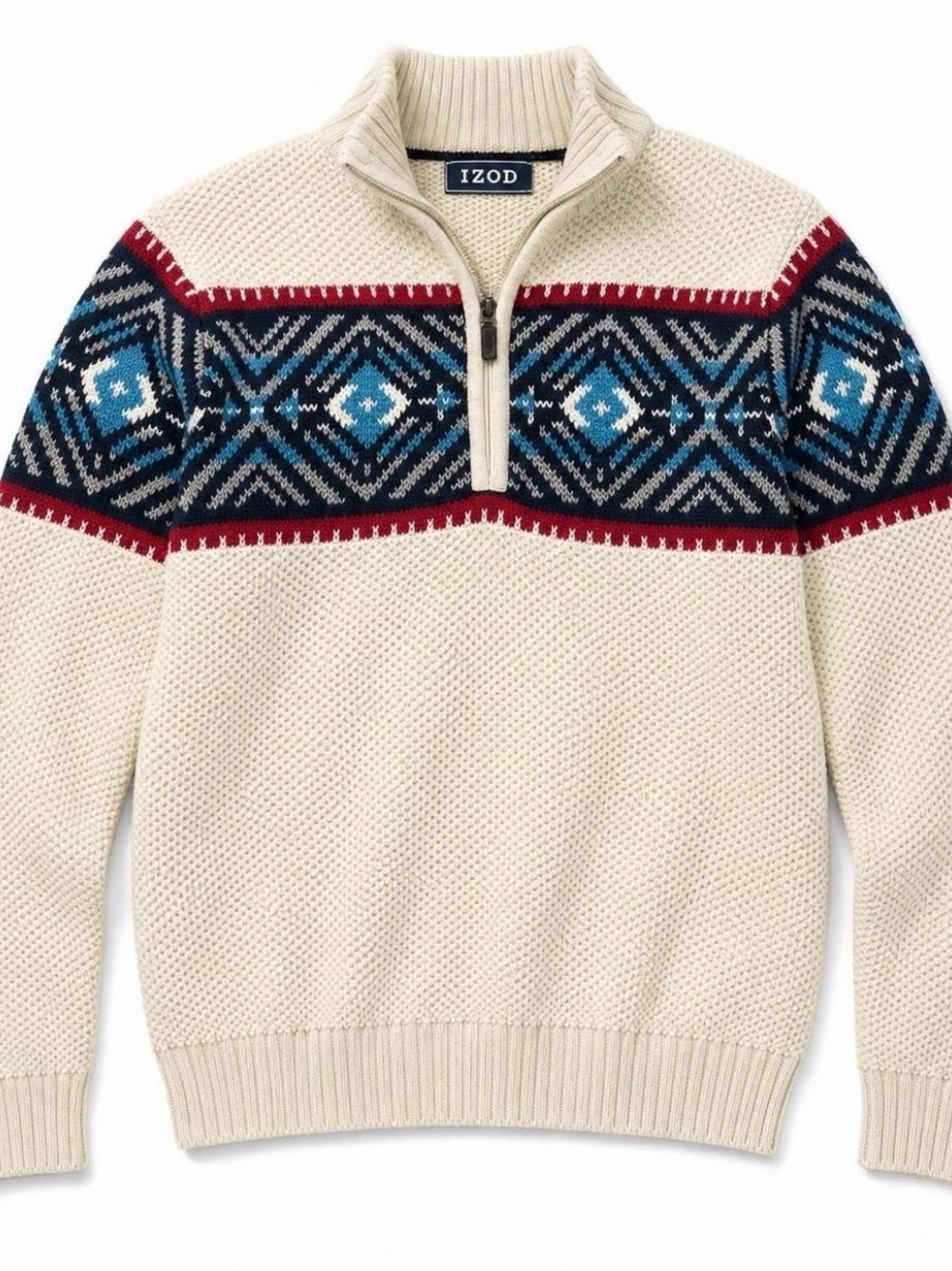 IZOD Mens Quarter Zip Knit Nordic Sweater Cream Blue -Size M